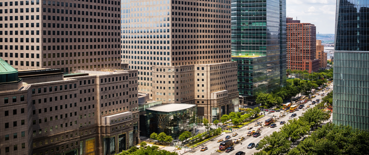 Commercial office buildings and busy street in Midtown Manhattan, New York City business district.