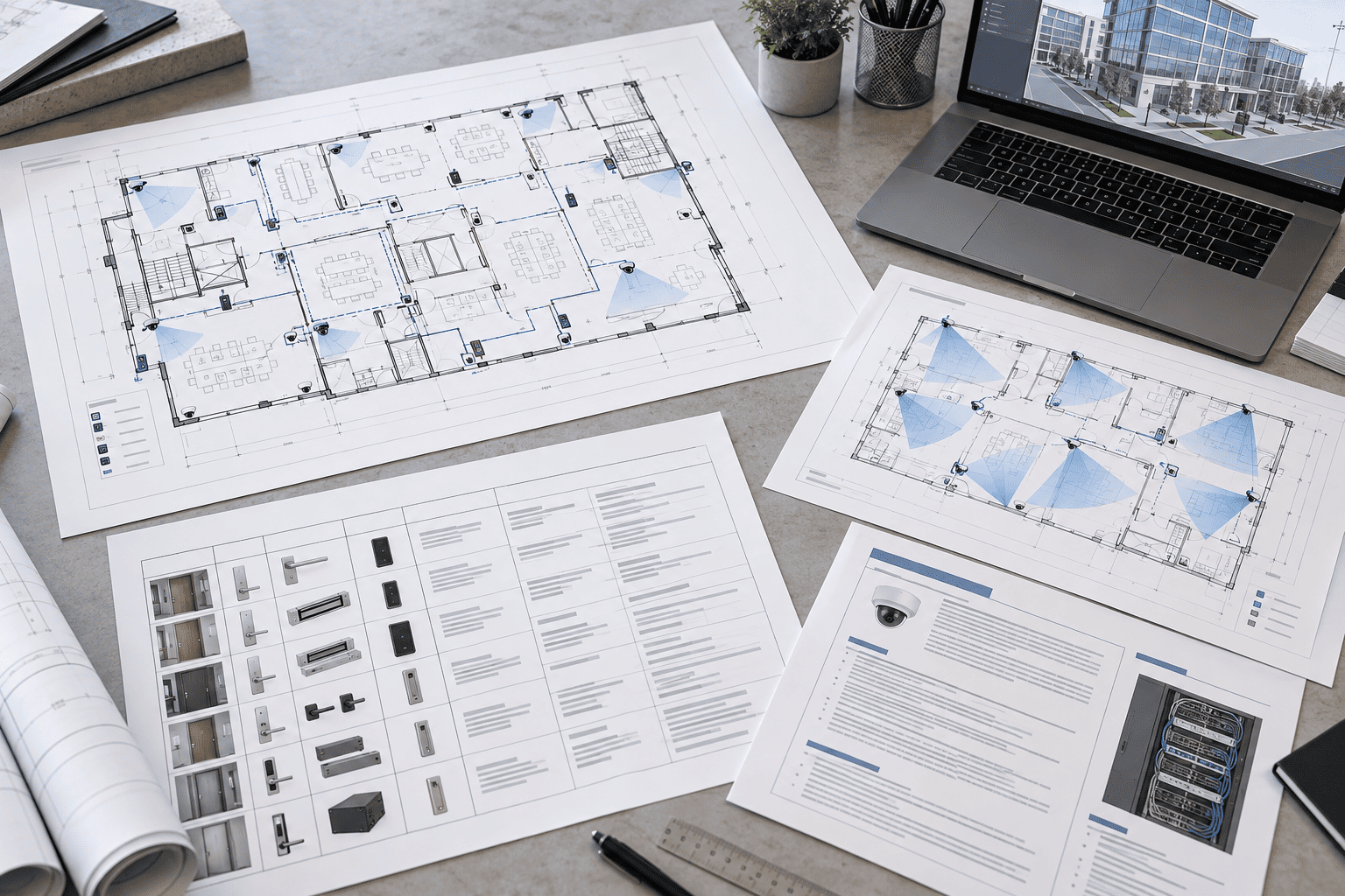 Illustrative security design package showing a device layout, camera coverage diagram, door schedule, and technical specifications.