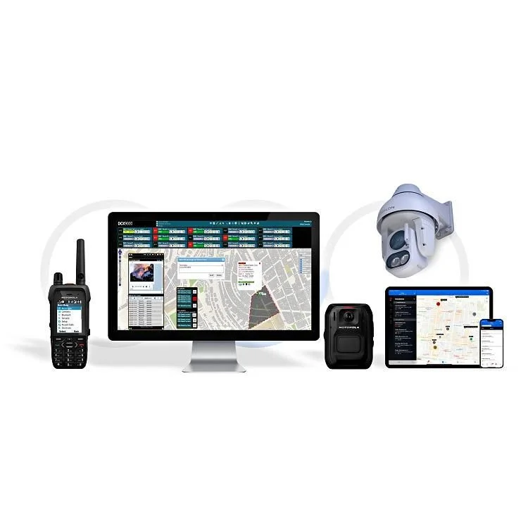 Motorola Solutions integrated security platform with surveillance cameras, monitoring software, mobile devices, and radio communication systems for commercial security operations.