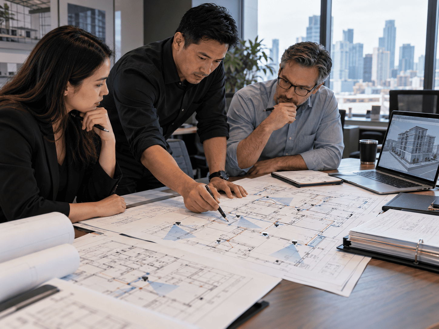 Property representative, architect, and security engineer reviewing commercial building drawings together.