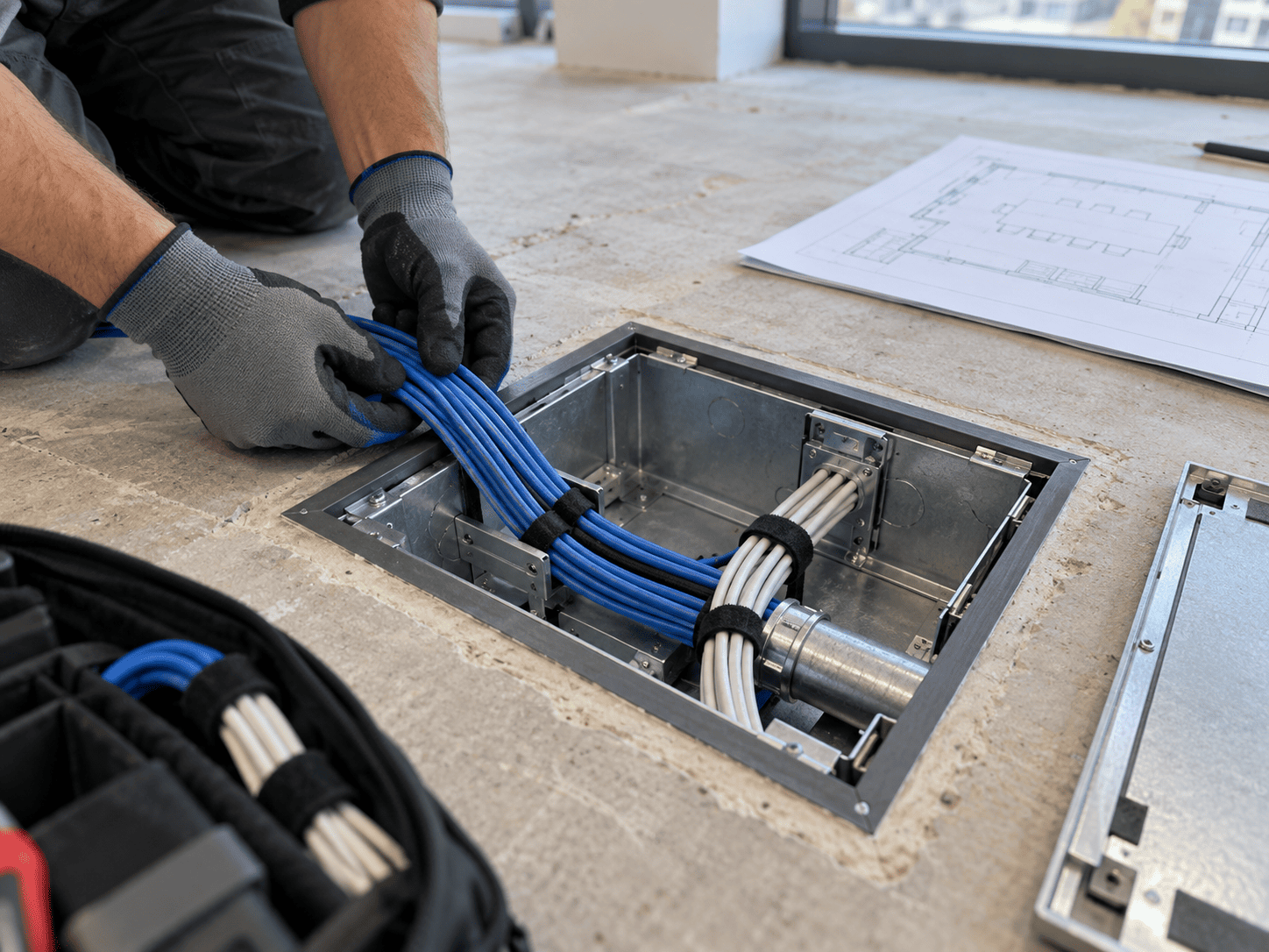Installer organizing low-voltage cabling in a recessed conference room floor box.