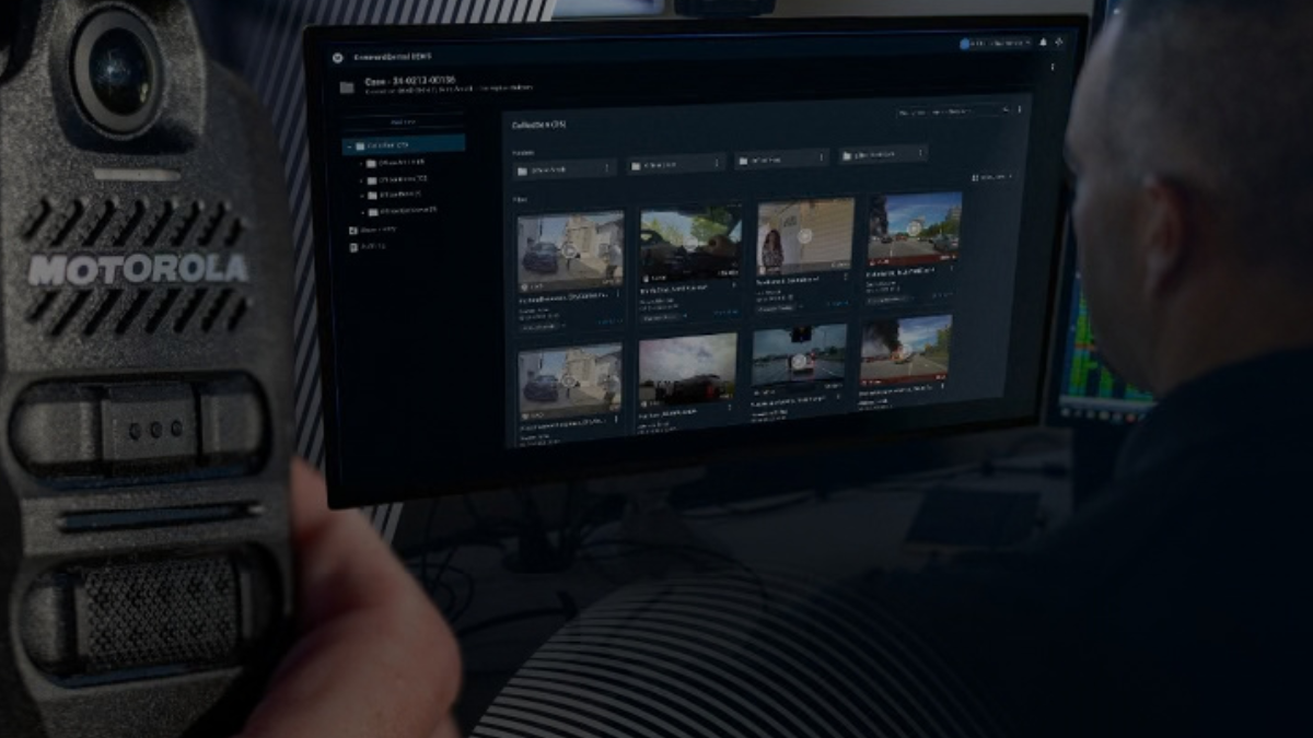 Motorola Solutions video security monitoring platform displaying surveillance footage and security analytics on a control room workstation.