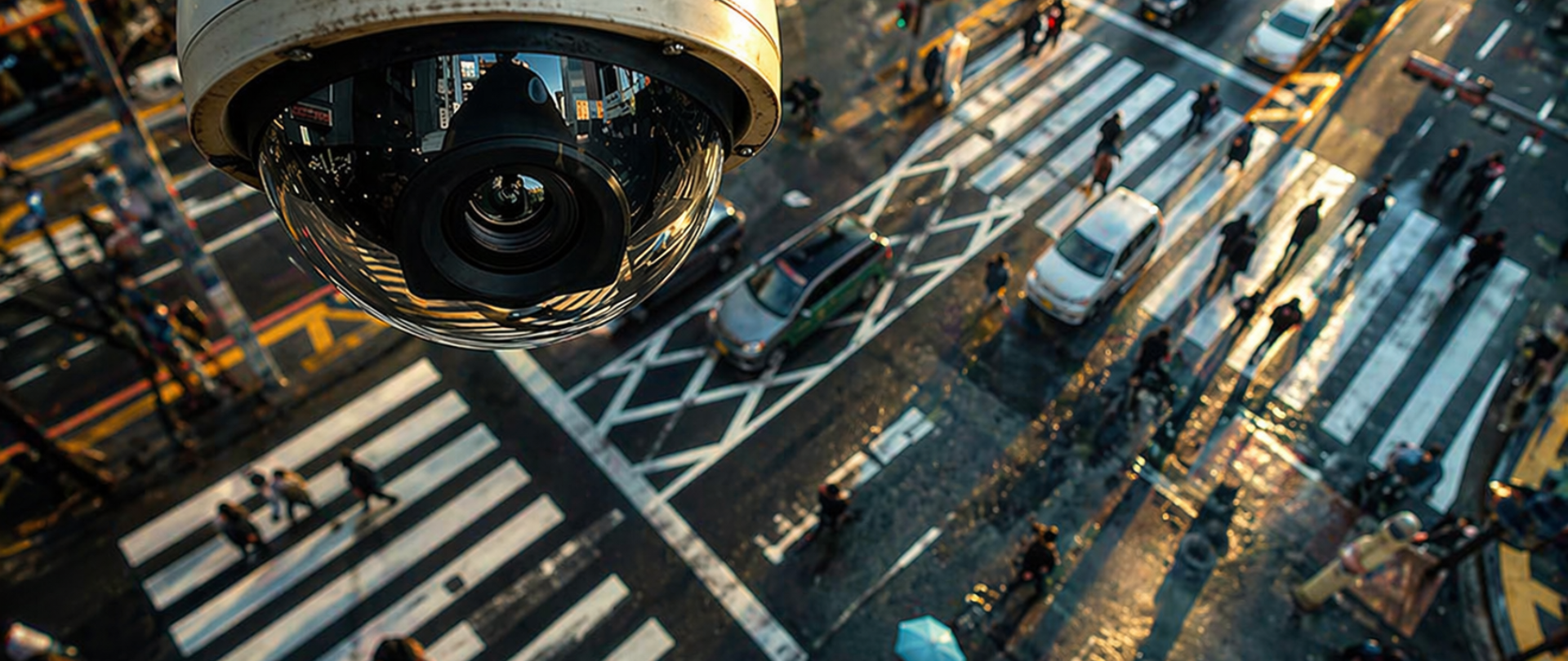 Commercial security camera monitoring a busy city intersection with AI-powered analytics tracking pedestrians and vehicles in real time.