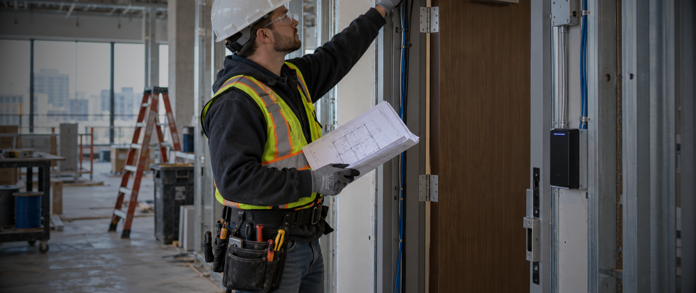 Technician coordinating access control wiring and door hardware during commercial construction