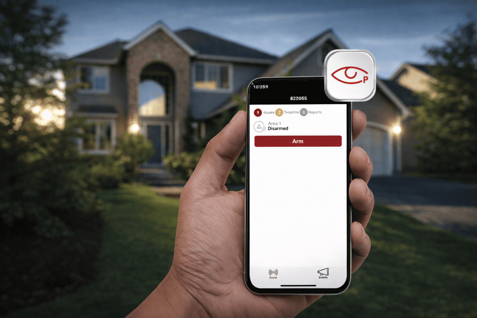 Mobile phone controlling a DSC alarm monitoring system, showing remote arming and security management for residential or commercial properties.