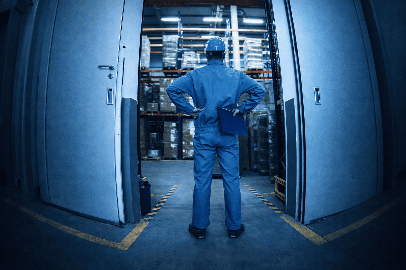 Industrial warehouse facility with security personnel overseeing operations, representing advanced security systems for warehouses and industrial environments