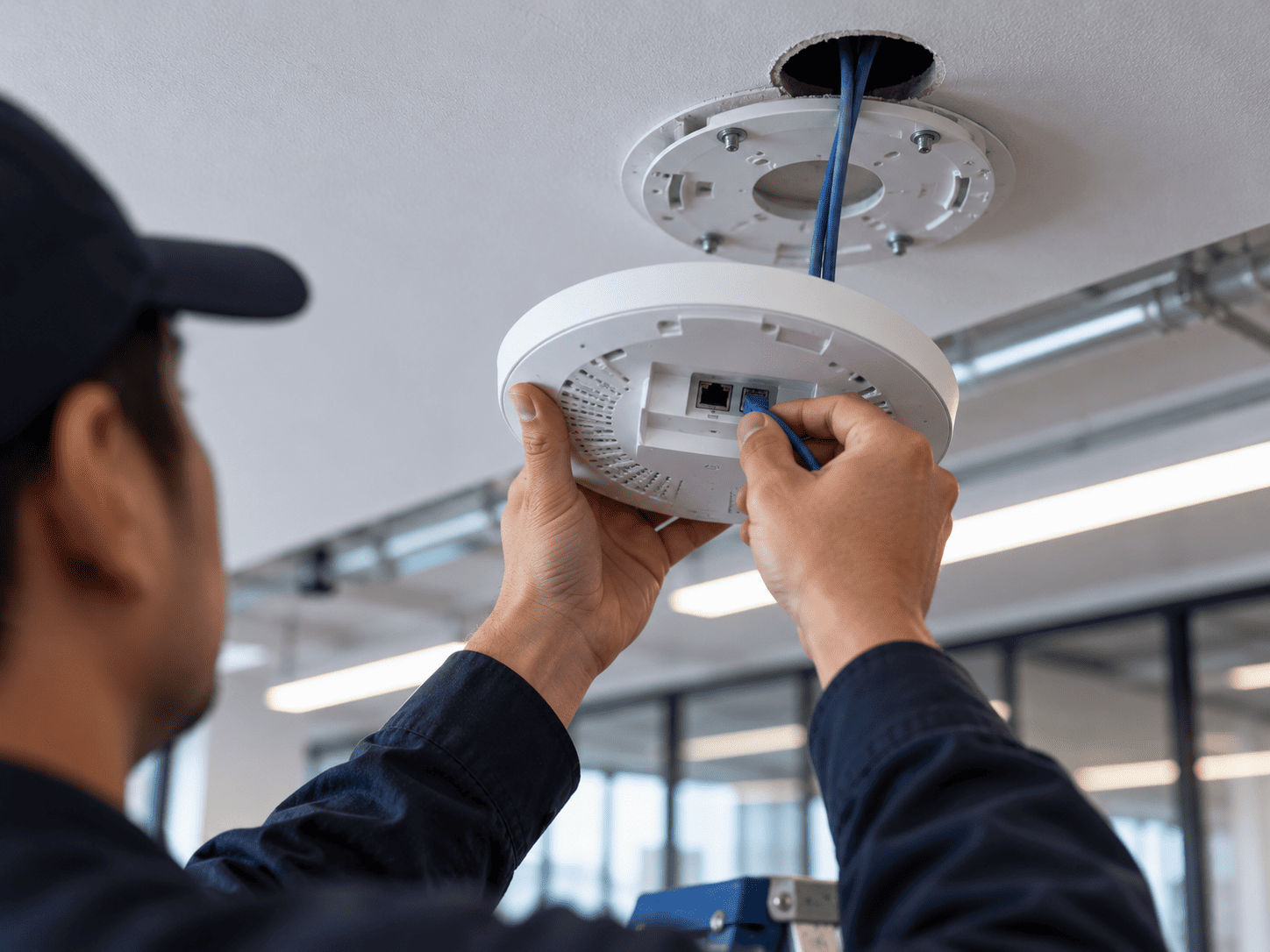 Technician connecting an Ethernet cable to a wireless access point before ceiling mounting.