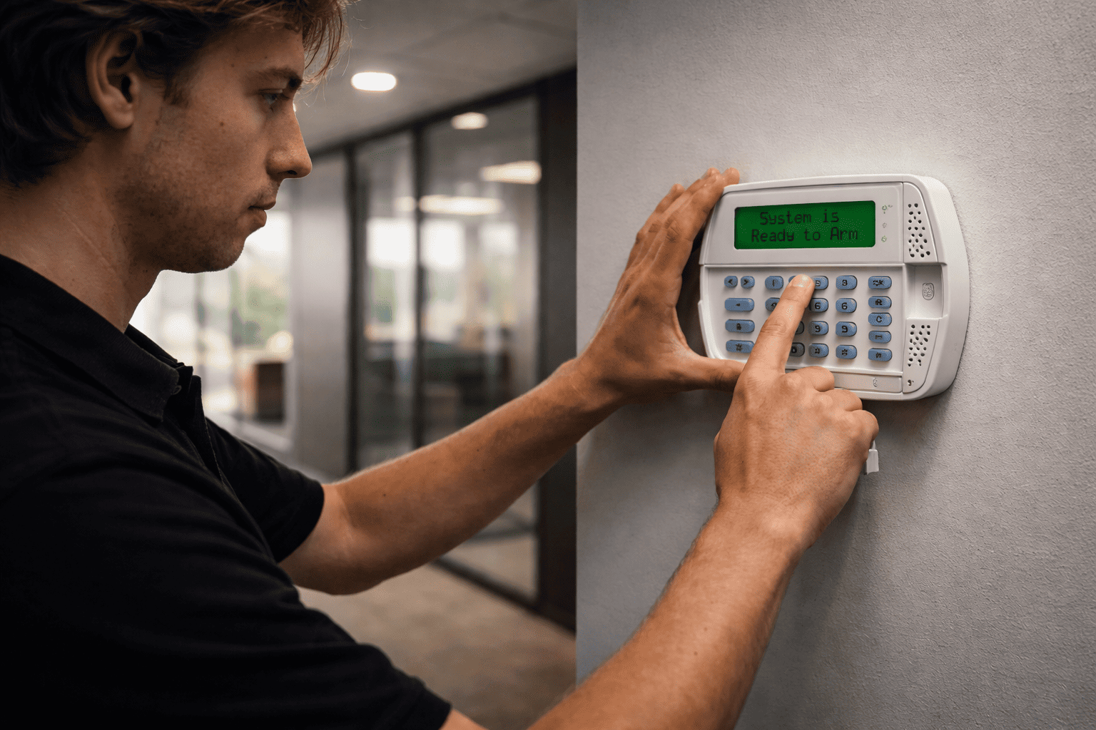 Technician arming a DSC commercial security alarm system keypad, representing a Connextivity partner providing intrusion detection and alarm solutions for businesses.