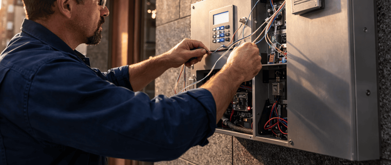 Technician installing and wiring commercial intercom control panel on NYC building exterior.