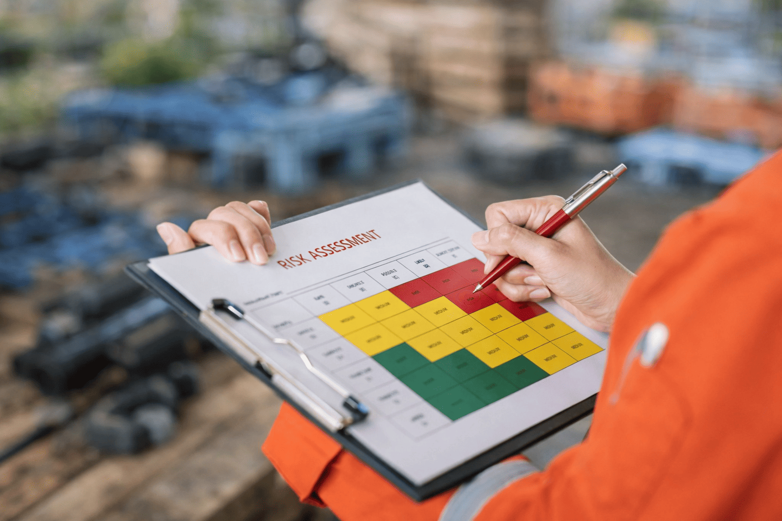 Security professional conducting commercial risk assessment using risk matrix chart at construction site