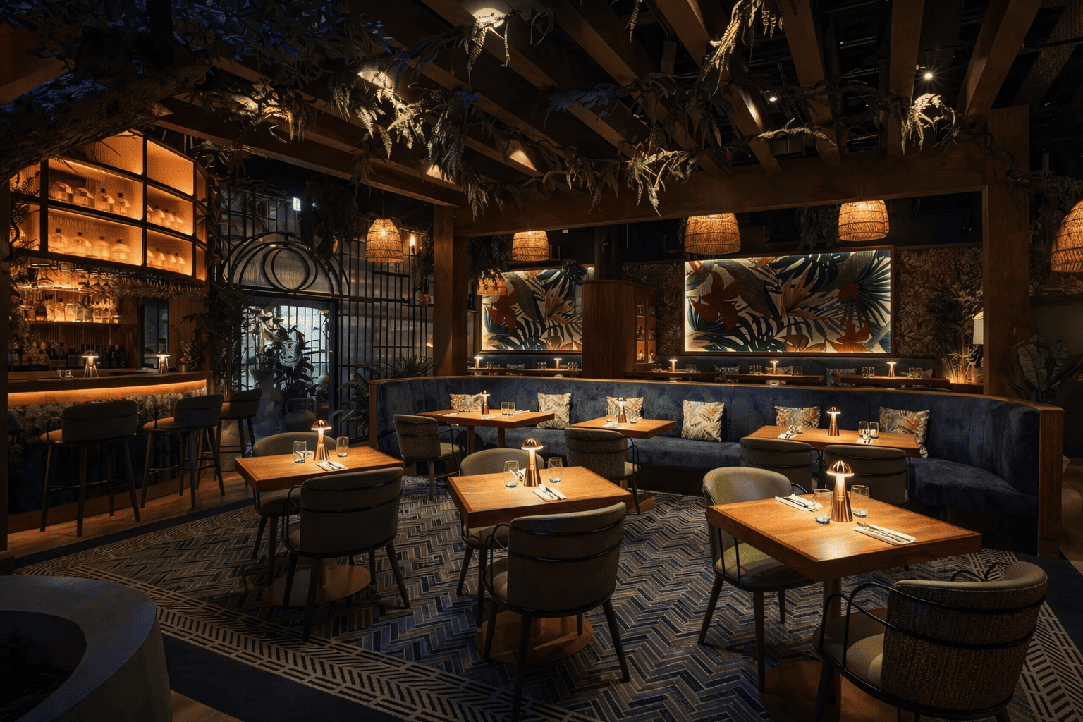 Restaurant interior in New York City protected with surveillance and security monitoring systems.