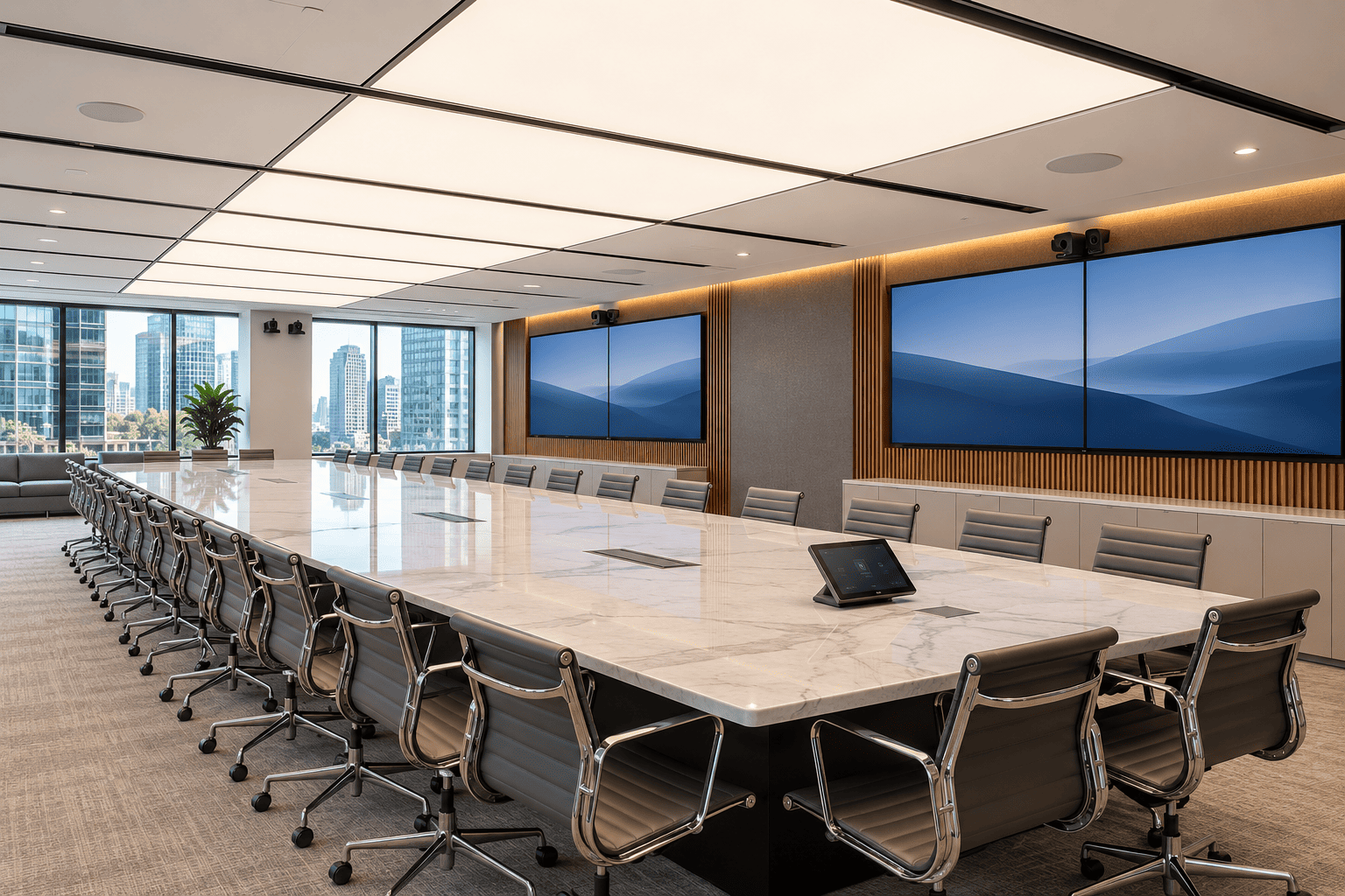 Tabletop touch controller in a conference room.