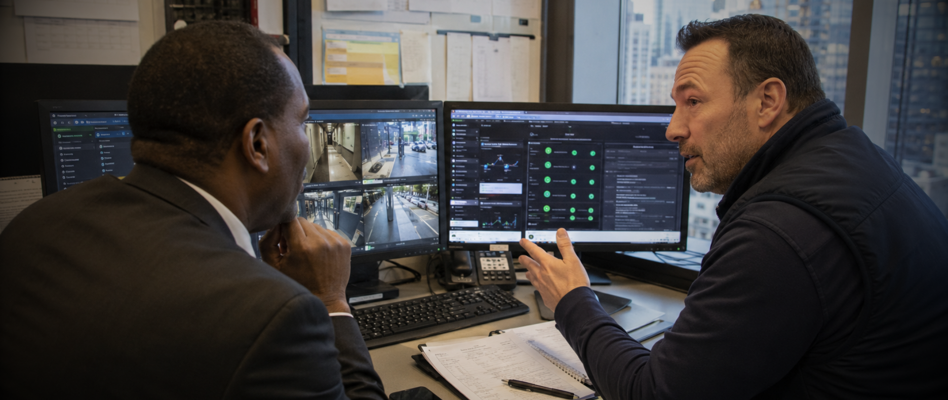 Security consultant reviewing commercial surveillance footage and system health dashboards with a property manager in a NYC office building.