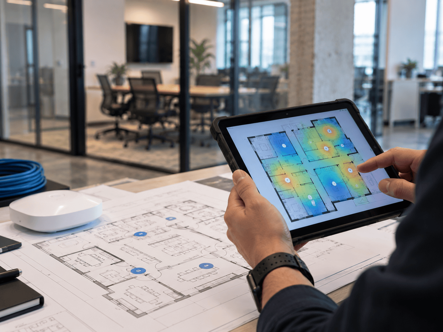 Wireless survey tablet displaying an illustrative coverage map above an office floor plan.