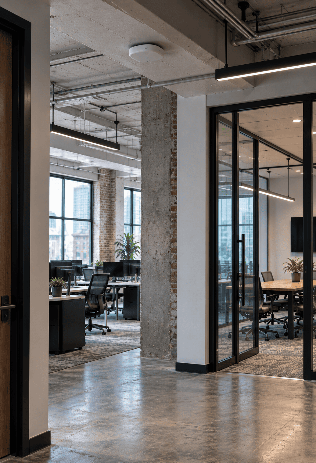 Prewar office with thick walls, masonry columns, and enclosed rooms surrounding a ceiling-mounted access point.