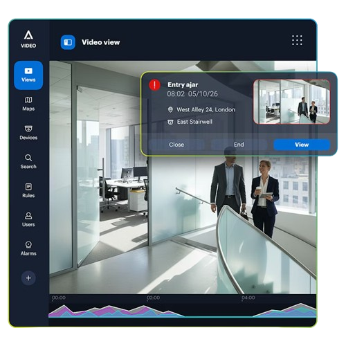 Avigilon Unity and Alta platform interface showing real-time video monitoring, alerts, and analytics for integrated security management.