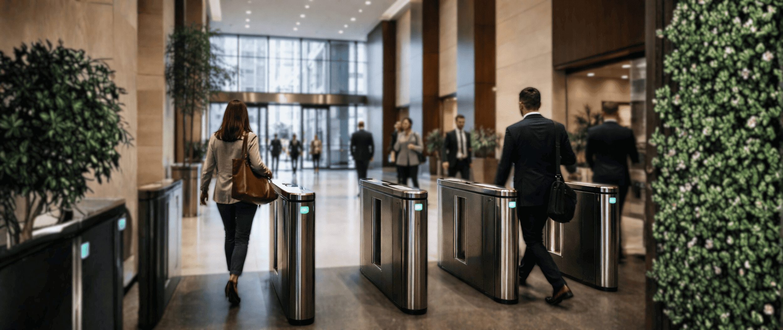 People moving through controlled access points in a modern New York City commercial building lobby