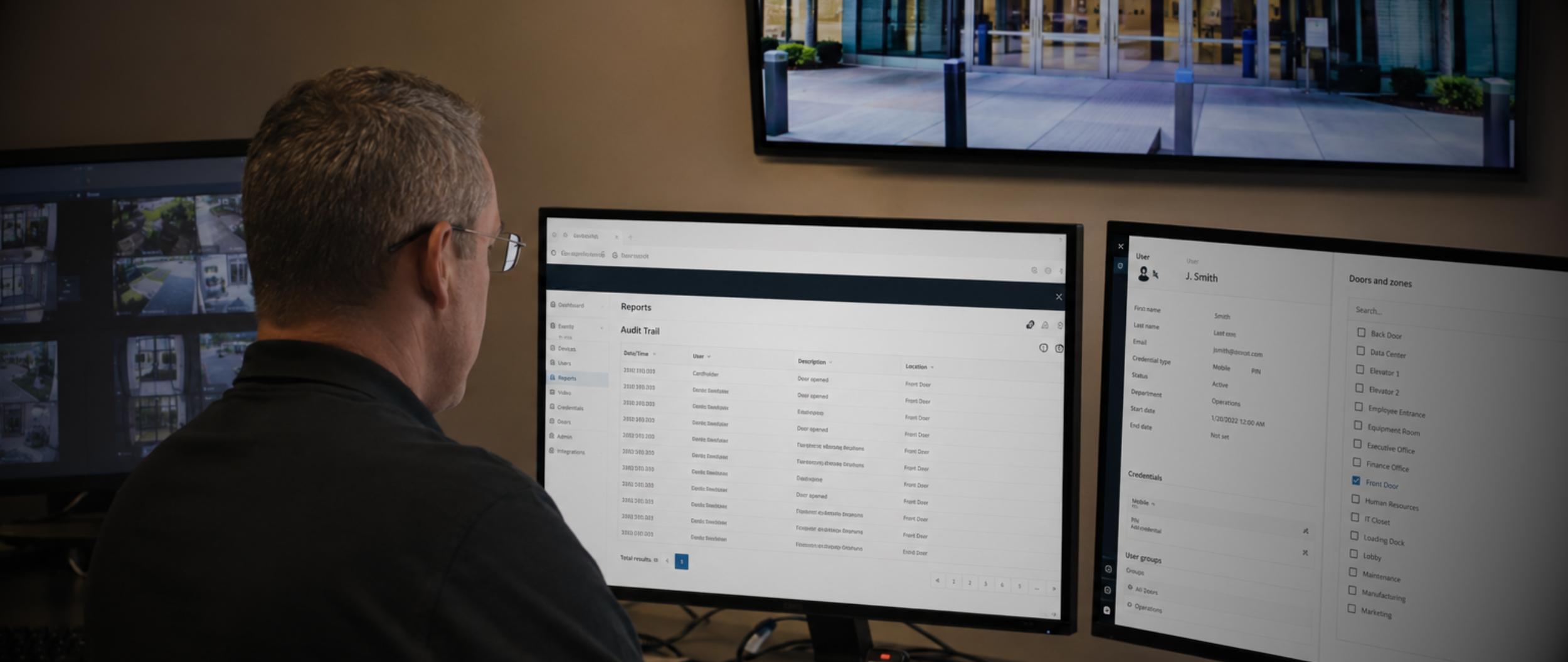 Security manager reviewing access control audit logs, user permissions, and mobile credential settings for a commercial building in Manhattan, NYC.