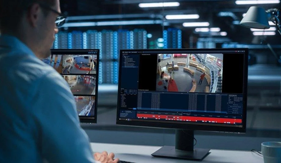security operations center monitoring surveillance footage and analytics dashboards for risk management