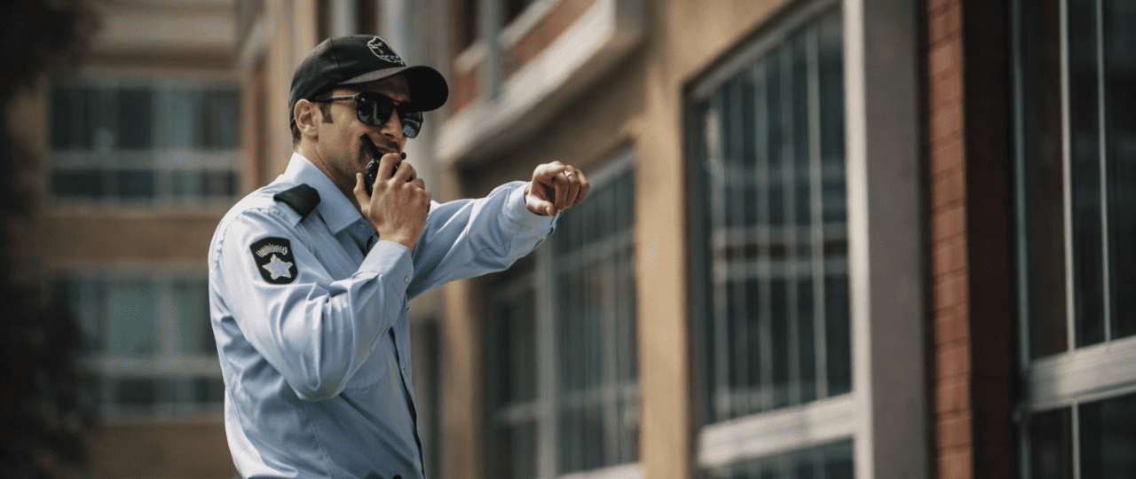 Uniformed security guard using a radio while monitoring a commercial property exterior.