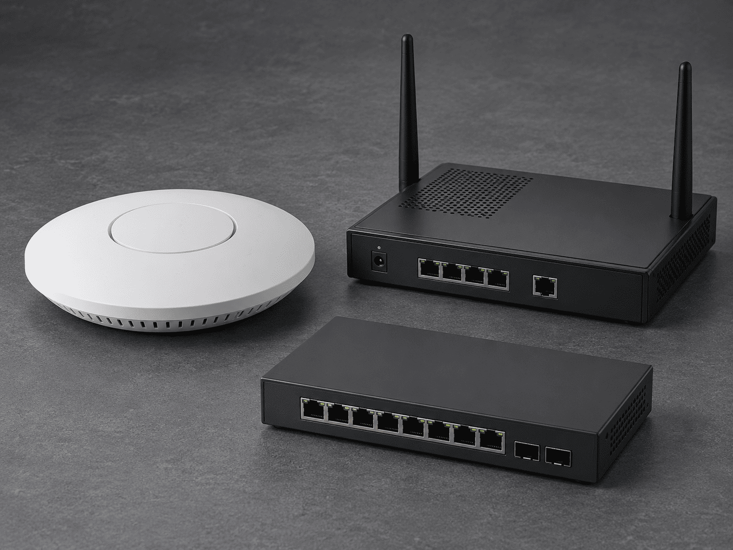 Commercial ceiling access point, business router, and managed network switch.