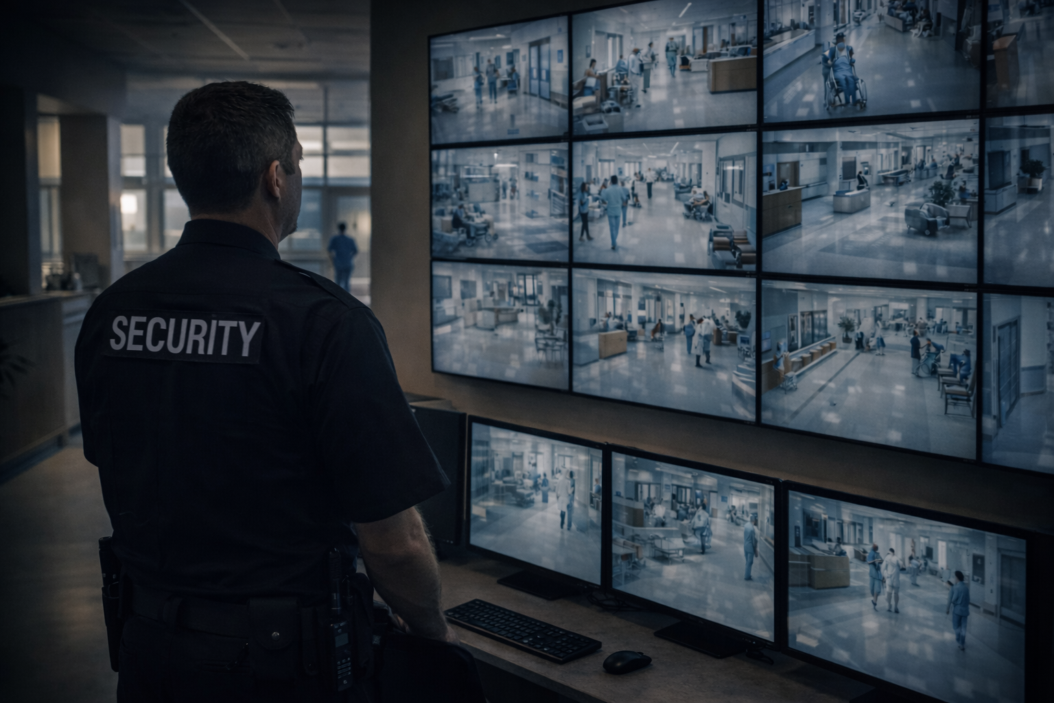 Security officer monitoring multiple hospital surveillance cameras in a centralized security control room