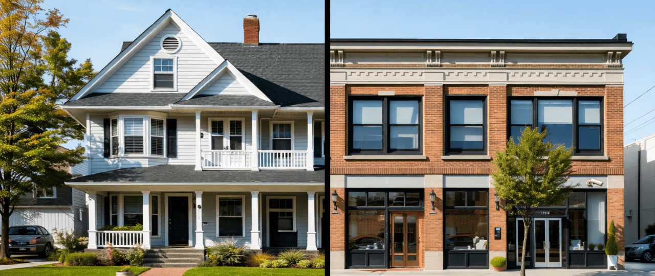 Side-by-side comparison of a single-family residential home and a mixed-use commercial building highlighting different security and access control needs