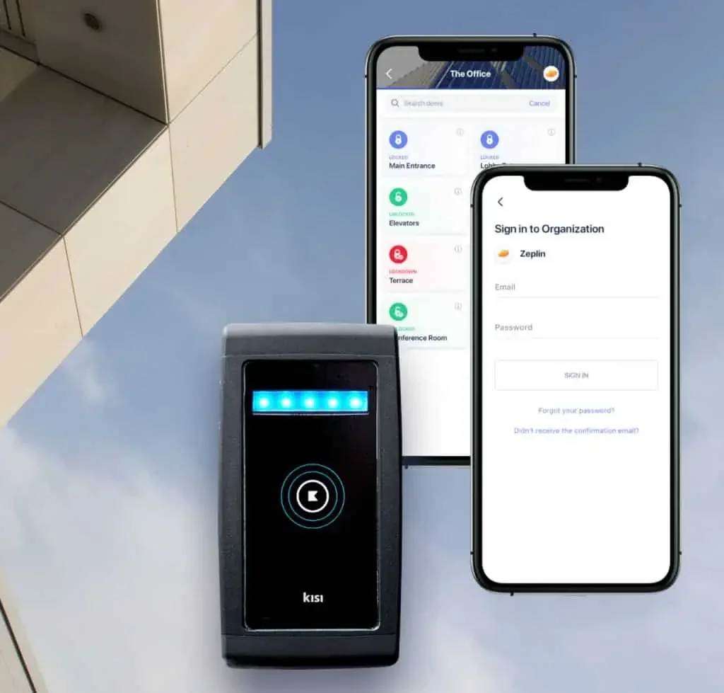 Kisi access control reader with smartphone showing mobile credentials used for secure building entry and door access management.