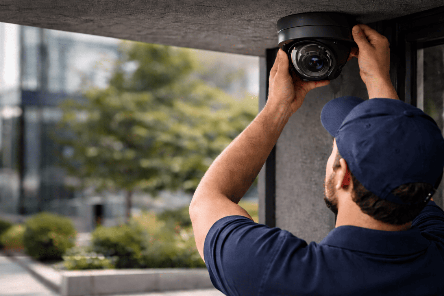 Security technician installing a dome surveillance camera on the exterior of a commercial building