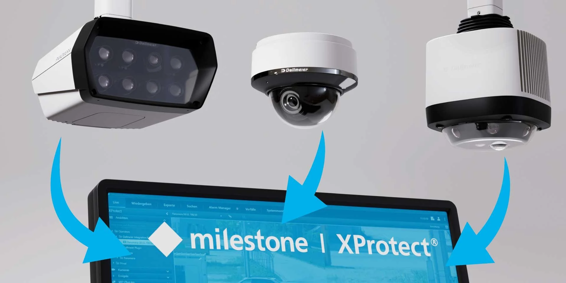 Milestone XProtect platform integrating multiple IP security cameras into a centralized video management system.