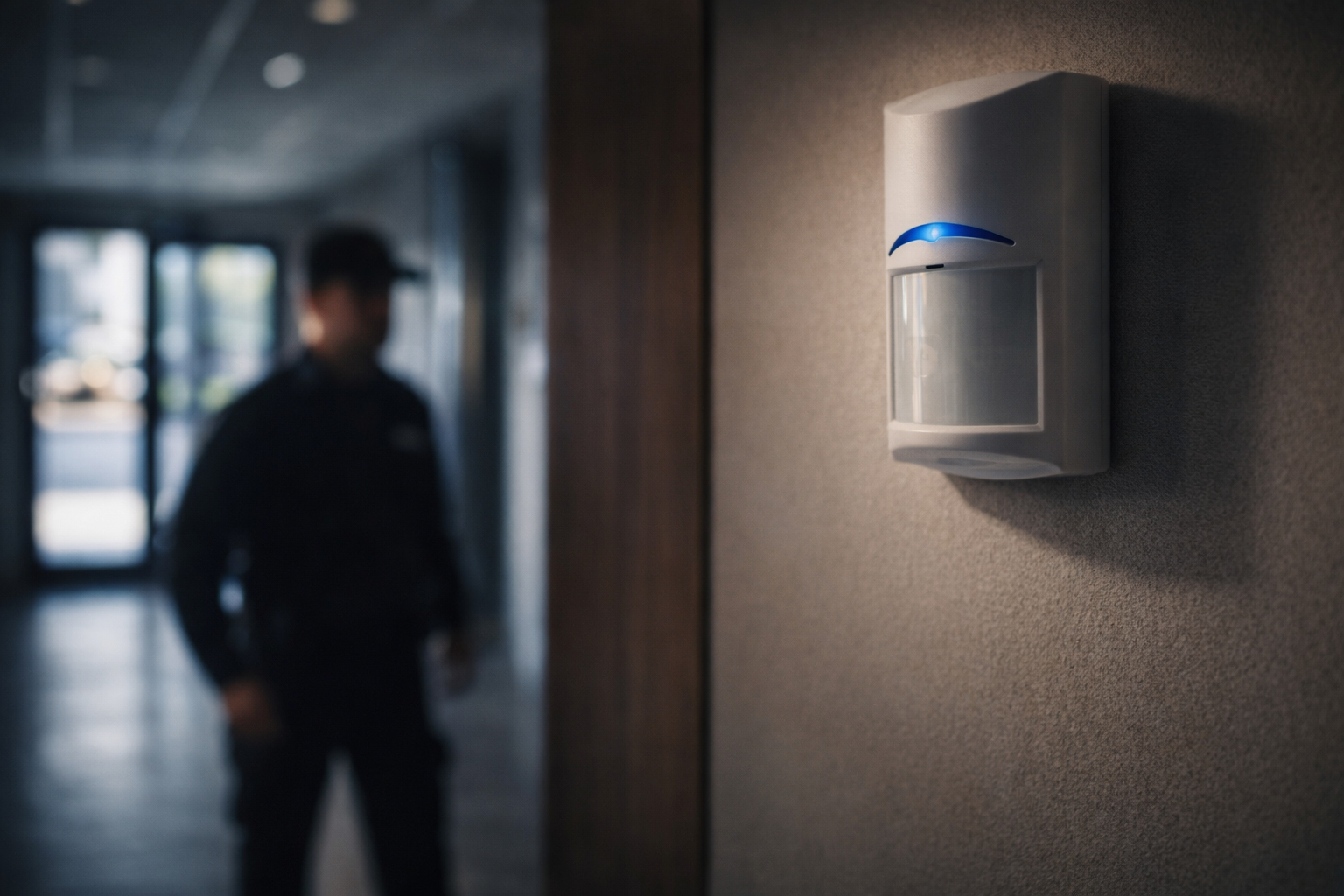 Radionix motion detection sensor installed in a commercial building hallway detecting movement for security monitoring in NYC.