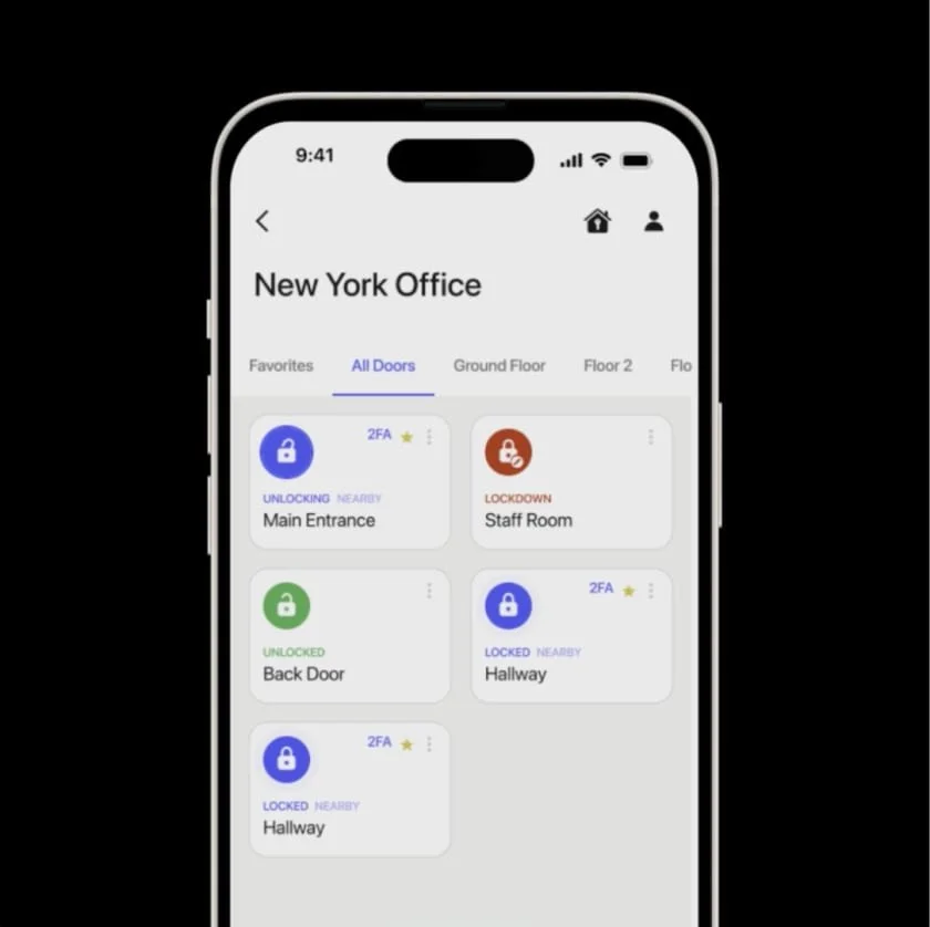 Kisi mobile access control app displaying door access management for a New York office, showing secure entry points and access status.