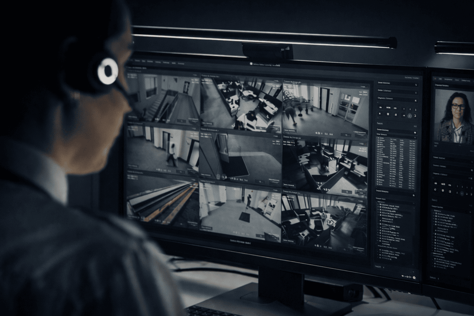 Security personnel monitoring multiple retail surveillance cameras in a centralized control system