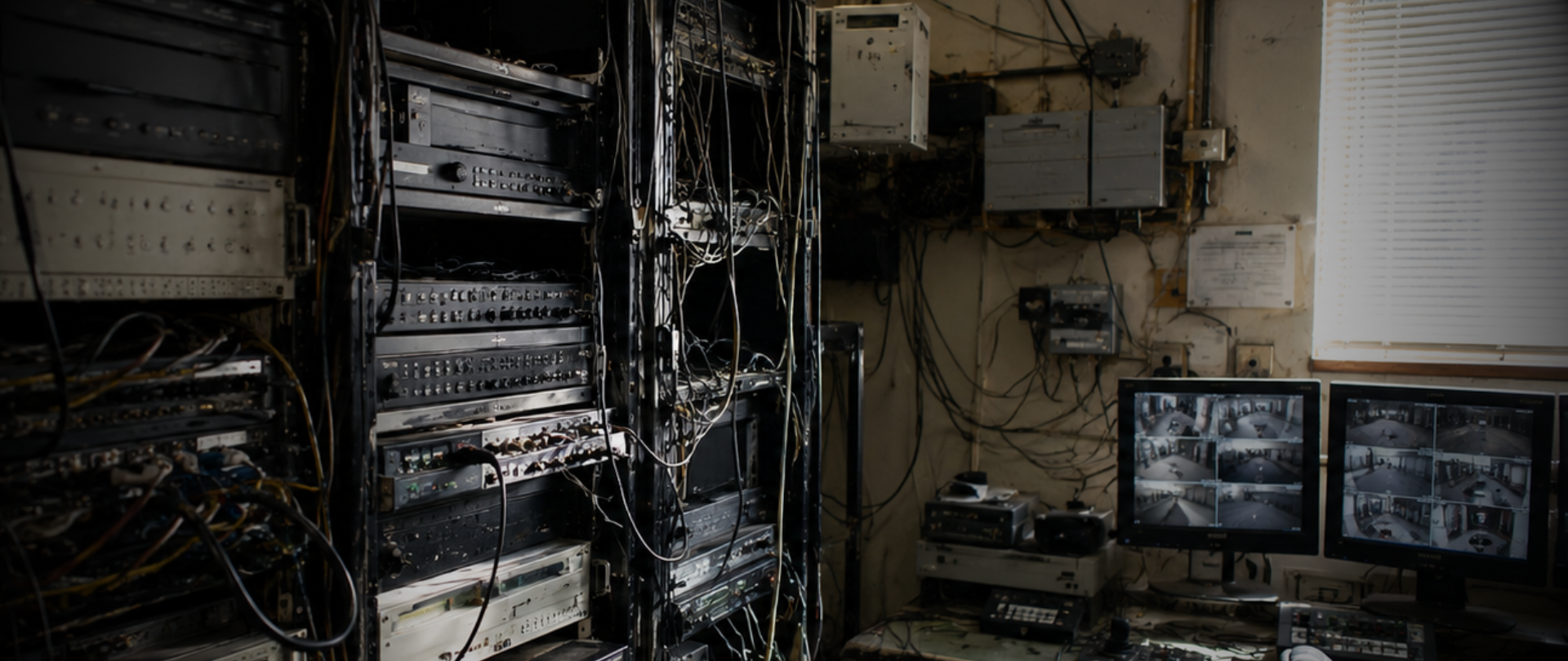 Outdated commercial security server room with aging surveillance equipment, exposed wiring, and CCTV monitoring screens inside a government facility maintenance environment.