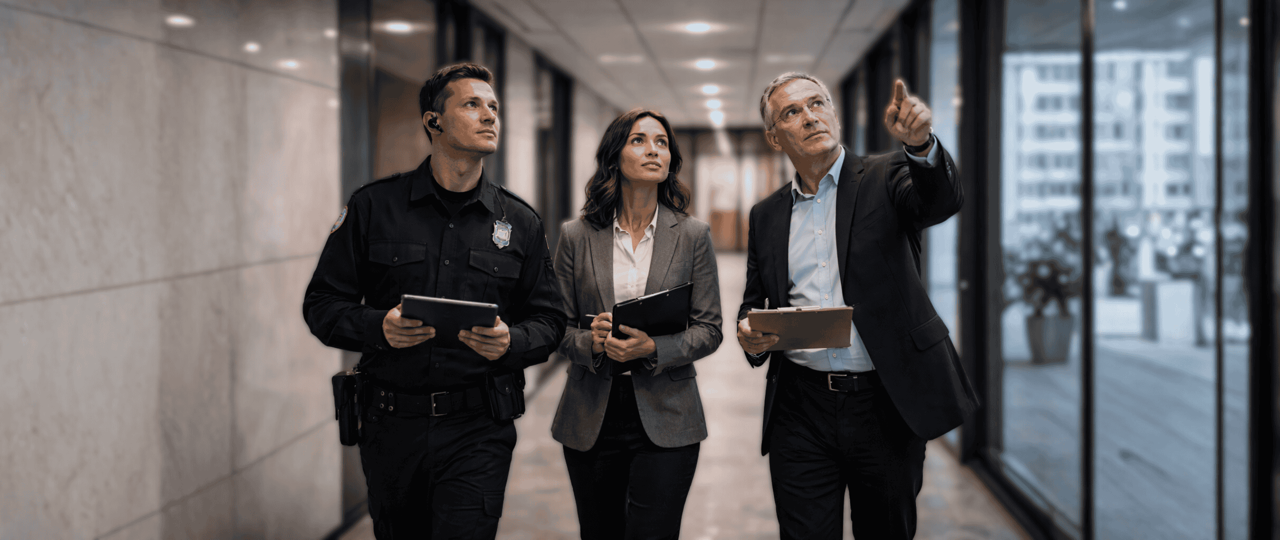 Security professionals conducting a building walkthrough assessment inside a commercial high-rise