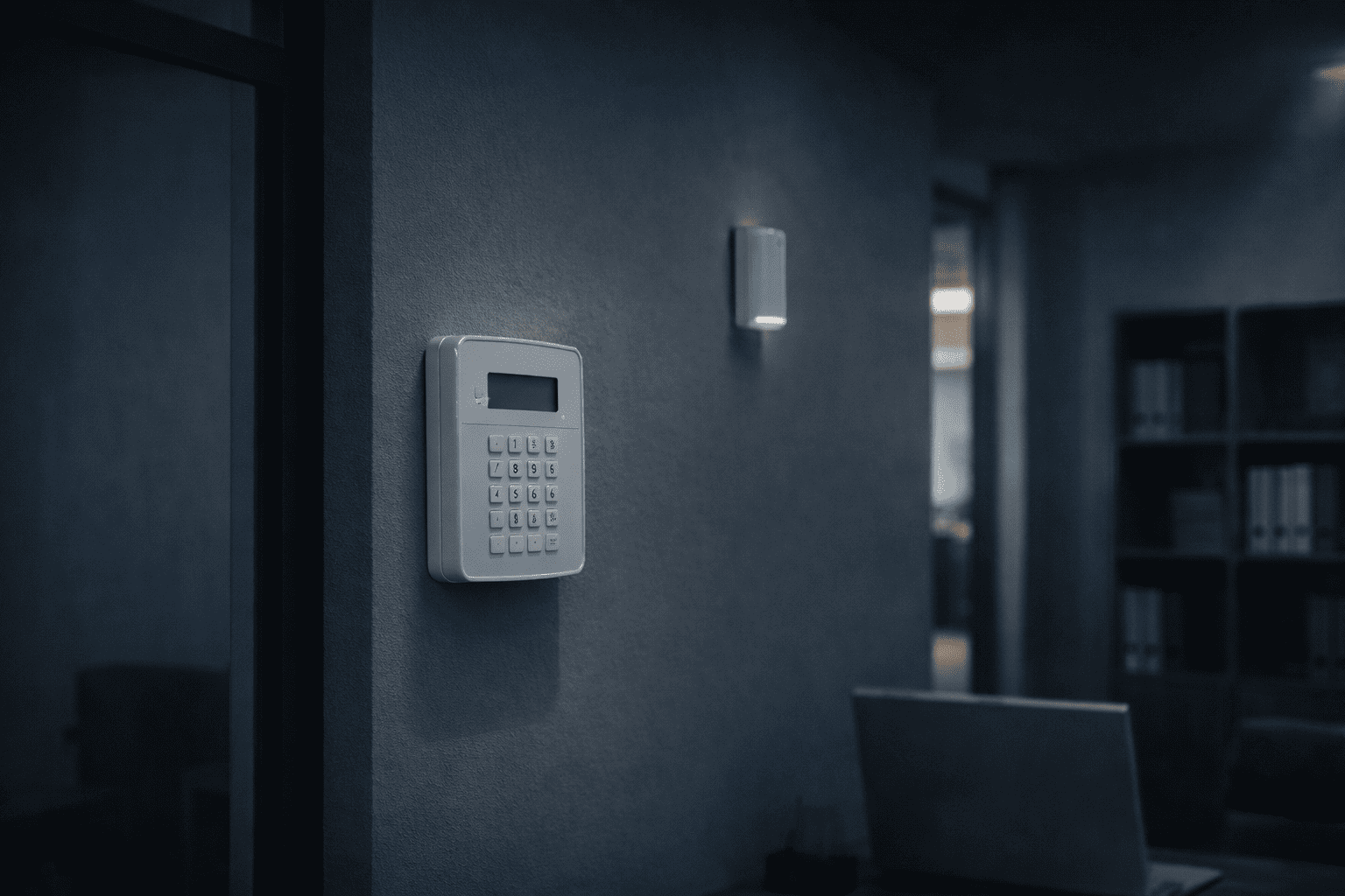 DSC security keypad installed on an office wall for controlling a commercial intrusion alarm system and building security monitoring.