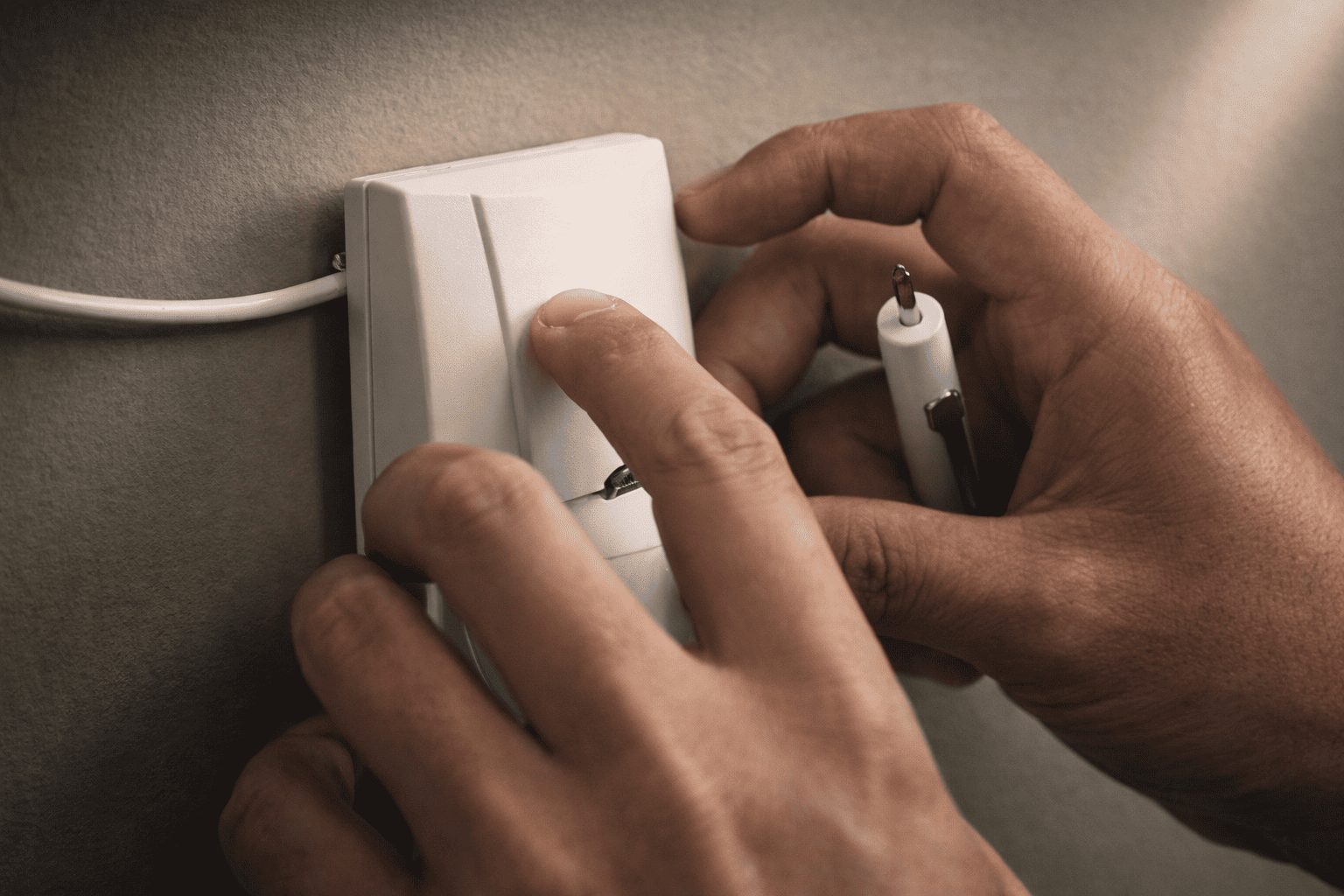 Technician installing a DSC intrusion detection sensor as part of a commercial security alarm system for building protection.