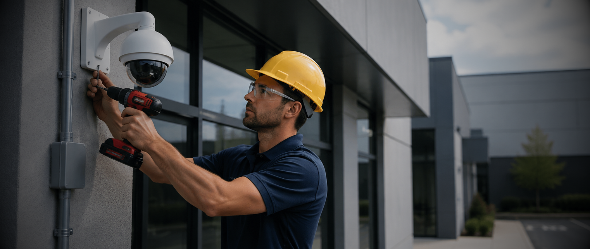 Technician installing a commercial security camera on a building