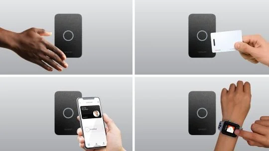 Motorola access control system supporting multiple credentials including mobile phone, key card, smartwatch, and touchless entry.