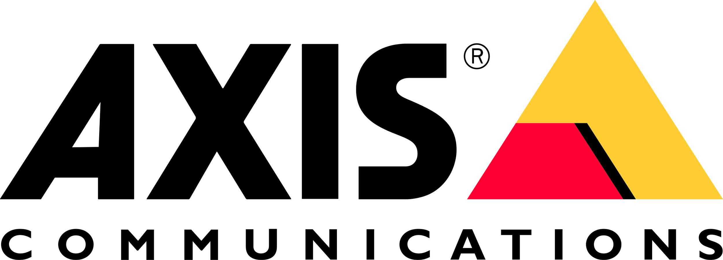 Black background with logo of three triangles in red, yellow, and red colors stacked to form a larger triangle for the Axis Communications logo.