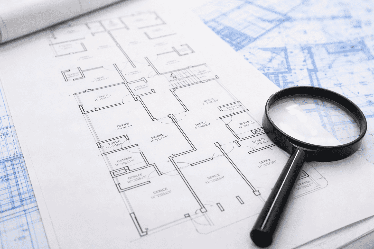 Architectural floor plan blueprint with magnifying glass reviewing layout for commercial security system planning