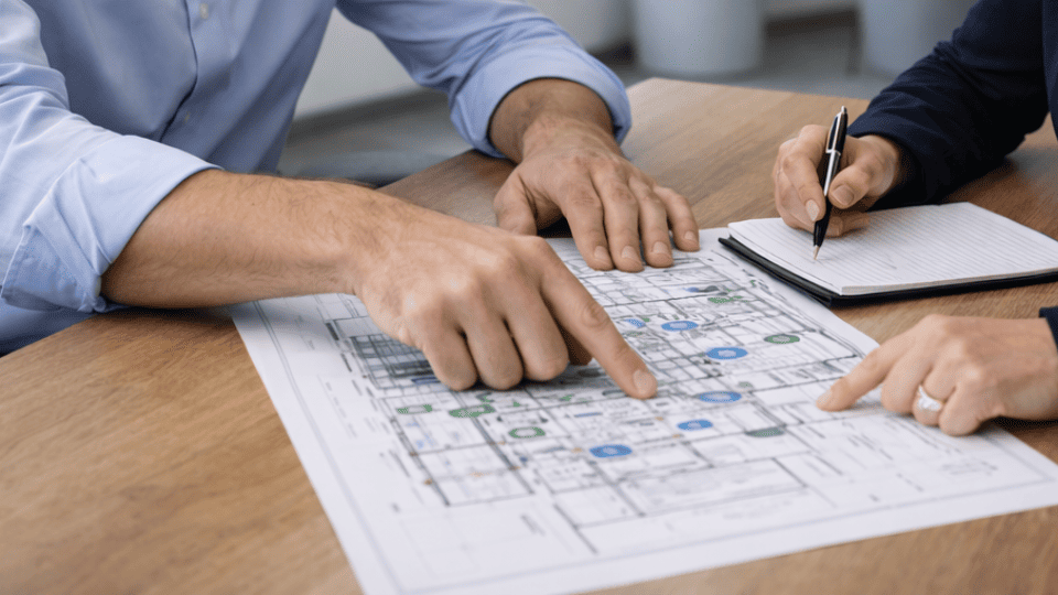 Security professionals reviewing a building floor plan to design and plan a customized commercial security system