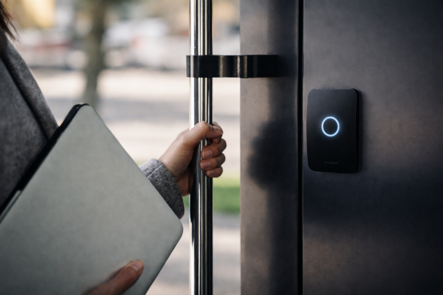 Guest using modern access control system to enter hospitality property securely