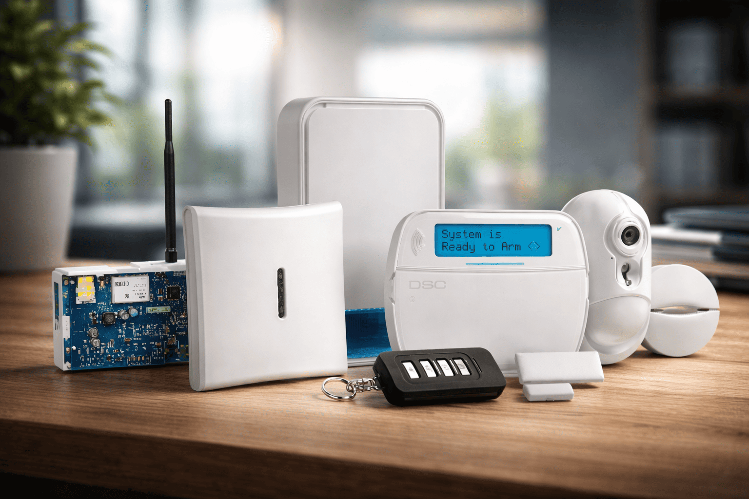 DSC commercial intrusion security system components including control panel, keypad, motion sensors, wireless modules, and alarm accessories used for building protection.