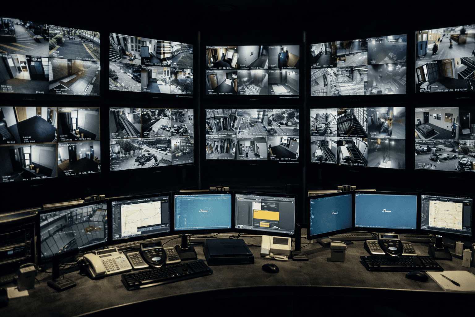 Centralized security control room monitoring multiple hotel and resort surveillance cameras in real time