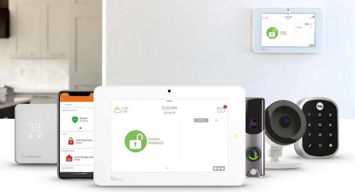 Qolsys intrusion alarm system with touchscreen panel, mobile app, camera, and smart lock