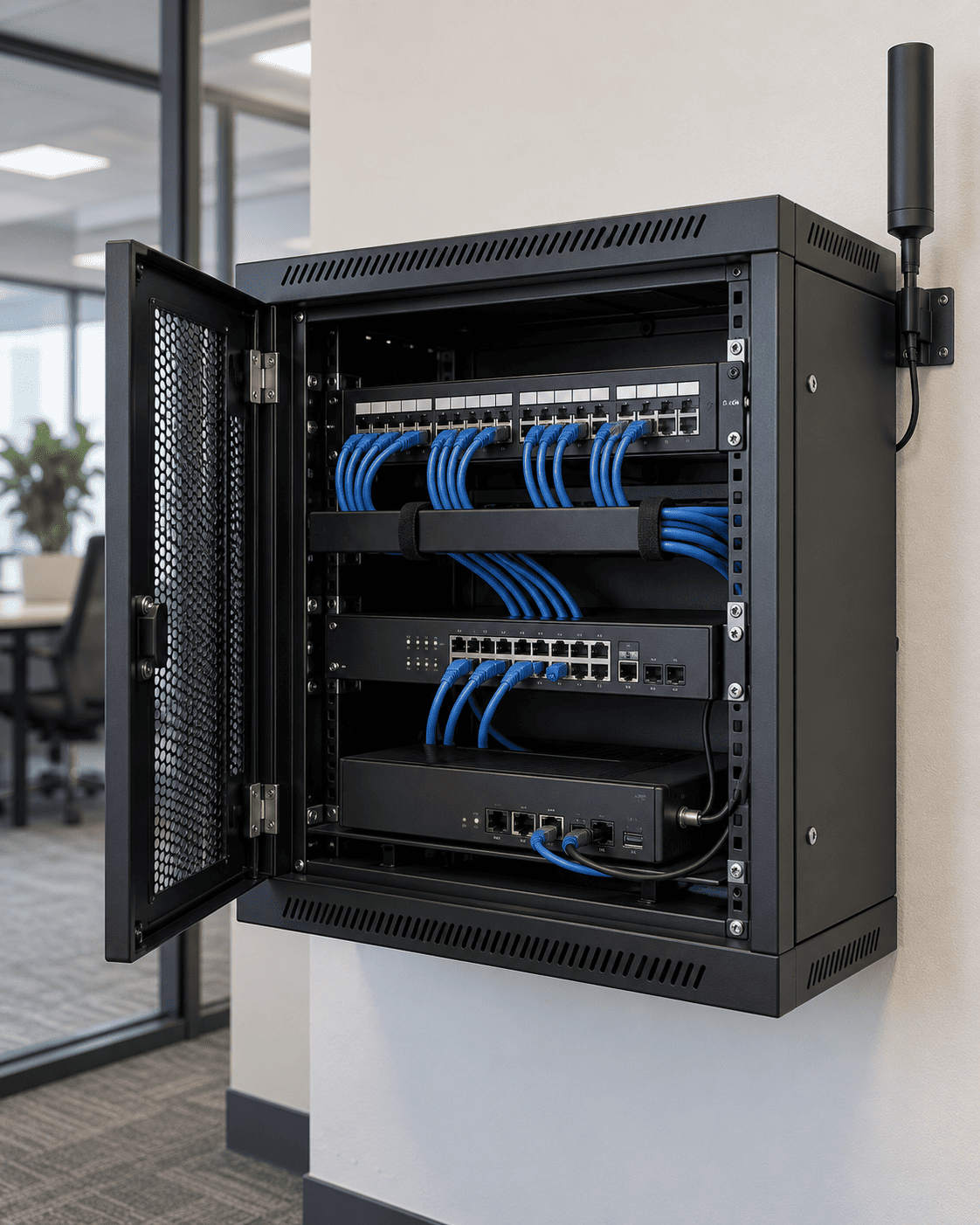 Office network cabinet with a patch panel, PoE switch, router, and external cellular antenna.