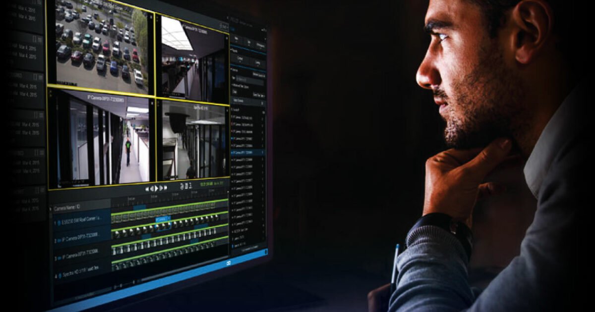 Security operator using AI-powered video analytics software to monitor surveillance footage and improve threat detection and response