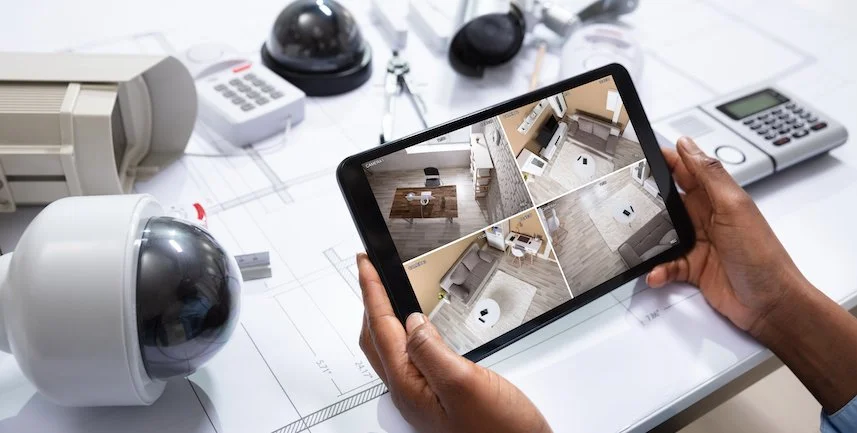 Tablet displaying integrated security camera feeds alongside alarm and access control equipment.