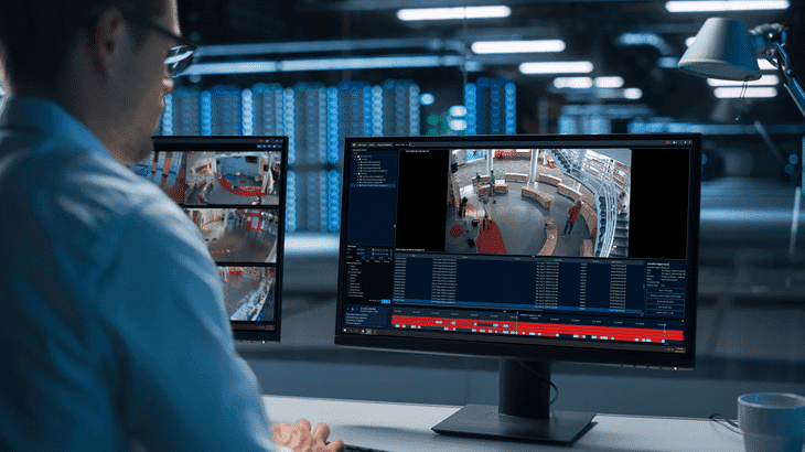 Security professional monitoring multiple surveillance camera feeds on advanced control system.